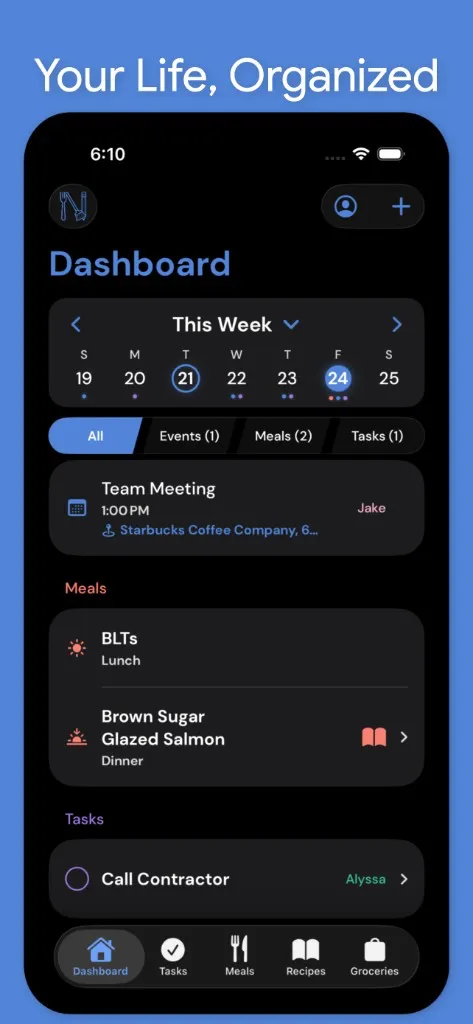 Nidly: Family Organizer — Family dashboard with a weekly calendar