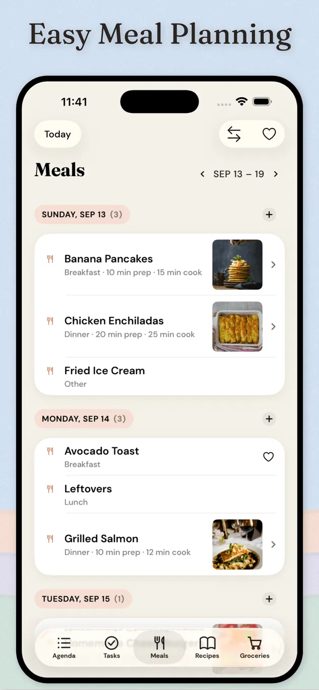 Nidly: Family Organizer — A week of breakfasts, lunches and dinners planned out