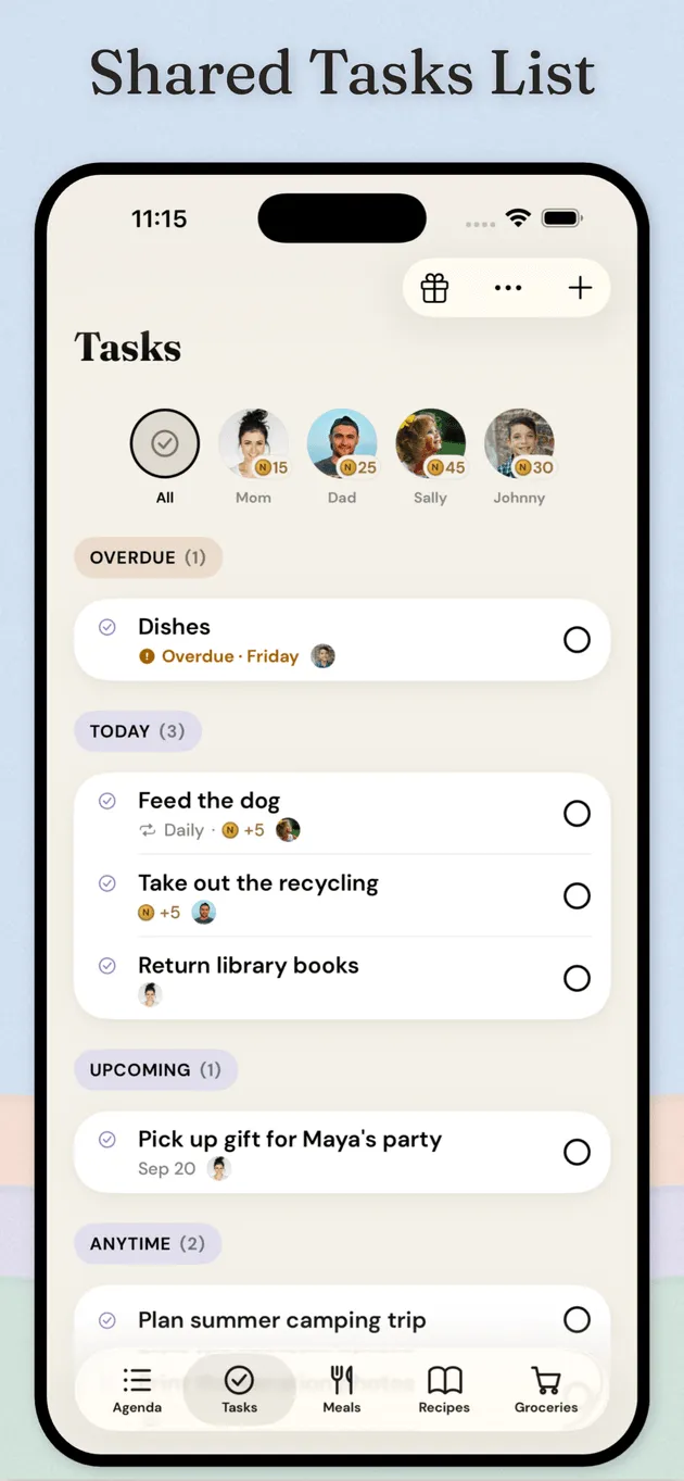 Nidly: Family Organizer — Shared tasks assigned across the family