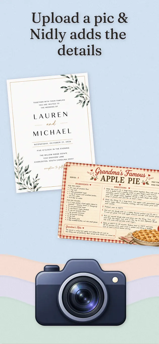 Nidly: Family Organizer — Photograph an invitation or recipe and Nidly fills in the details