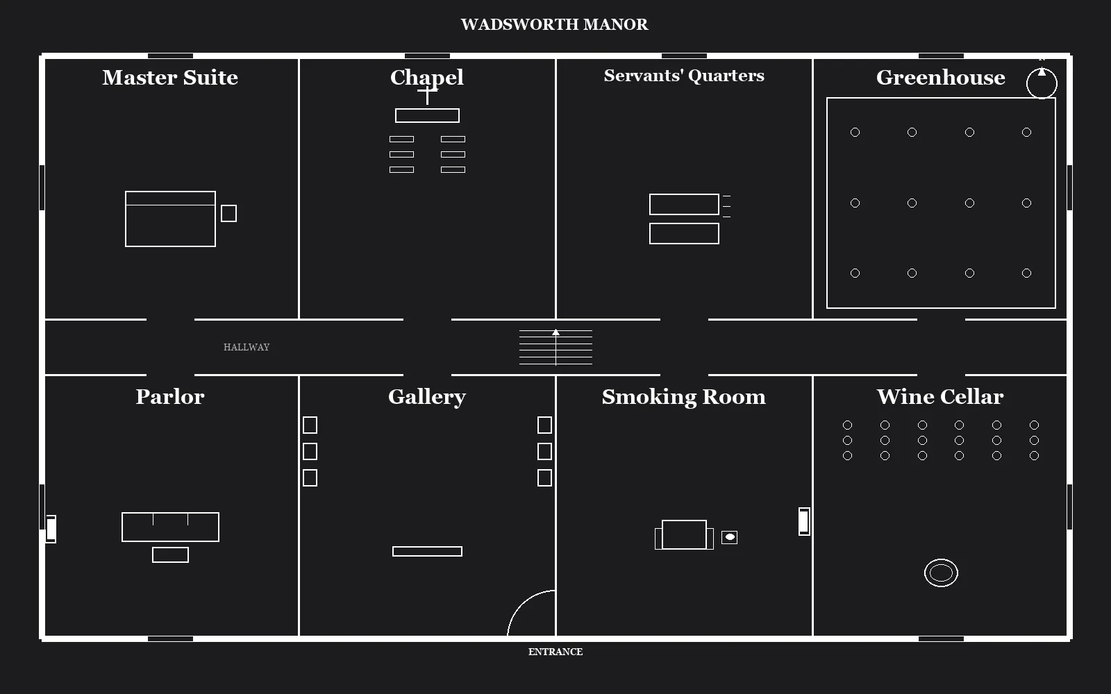 Floorplan of Wadsworth Manor showing all eight rooms